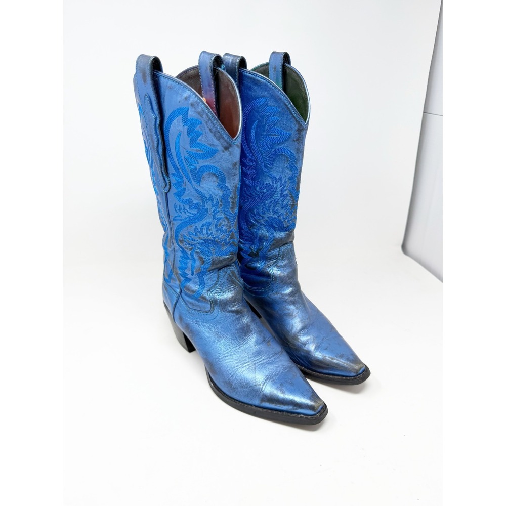 Jeffrey Campbell Womens Metallic Blue Western Cowboy Boots Snip Toe Sz 8.5